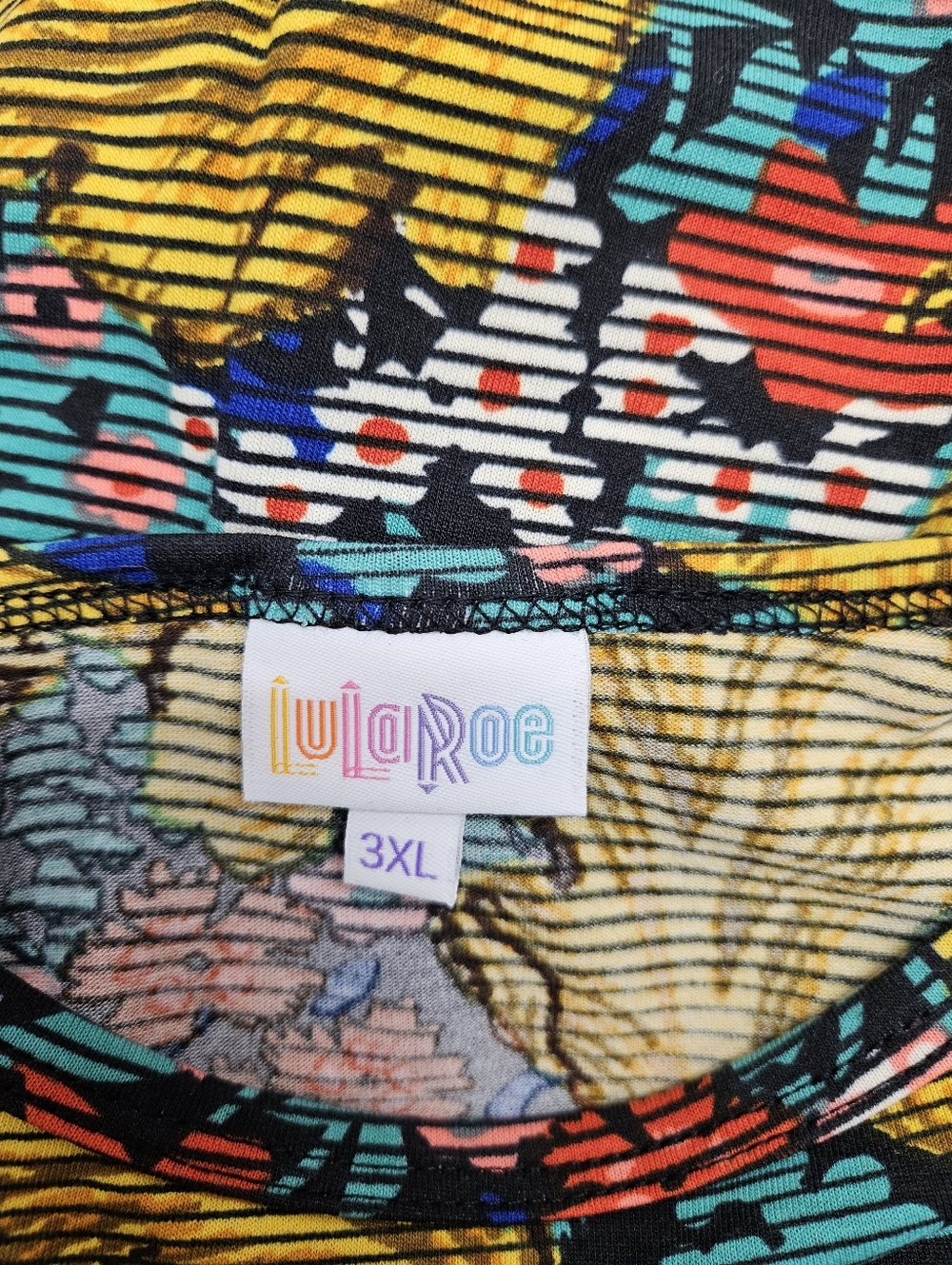 LuLaRoe Gigi T Shirt 3XL Multicolor Floral Leaf Print Top Yellow Teal Blue Coral - Picture 4 of 6
